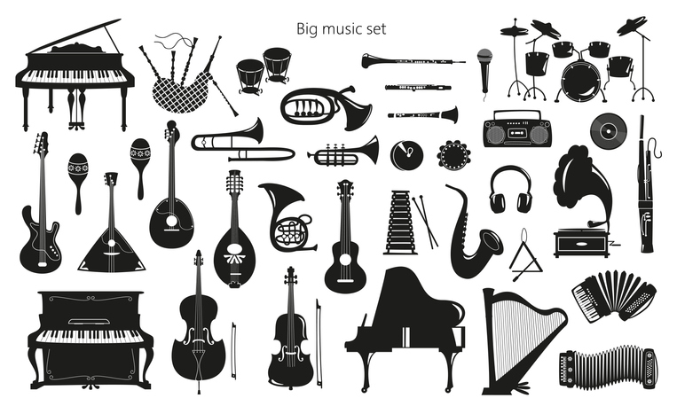 Set of musical instruments on the white background.